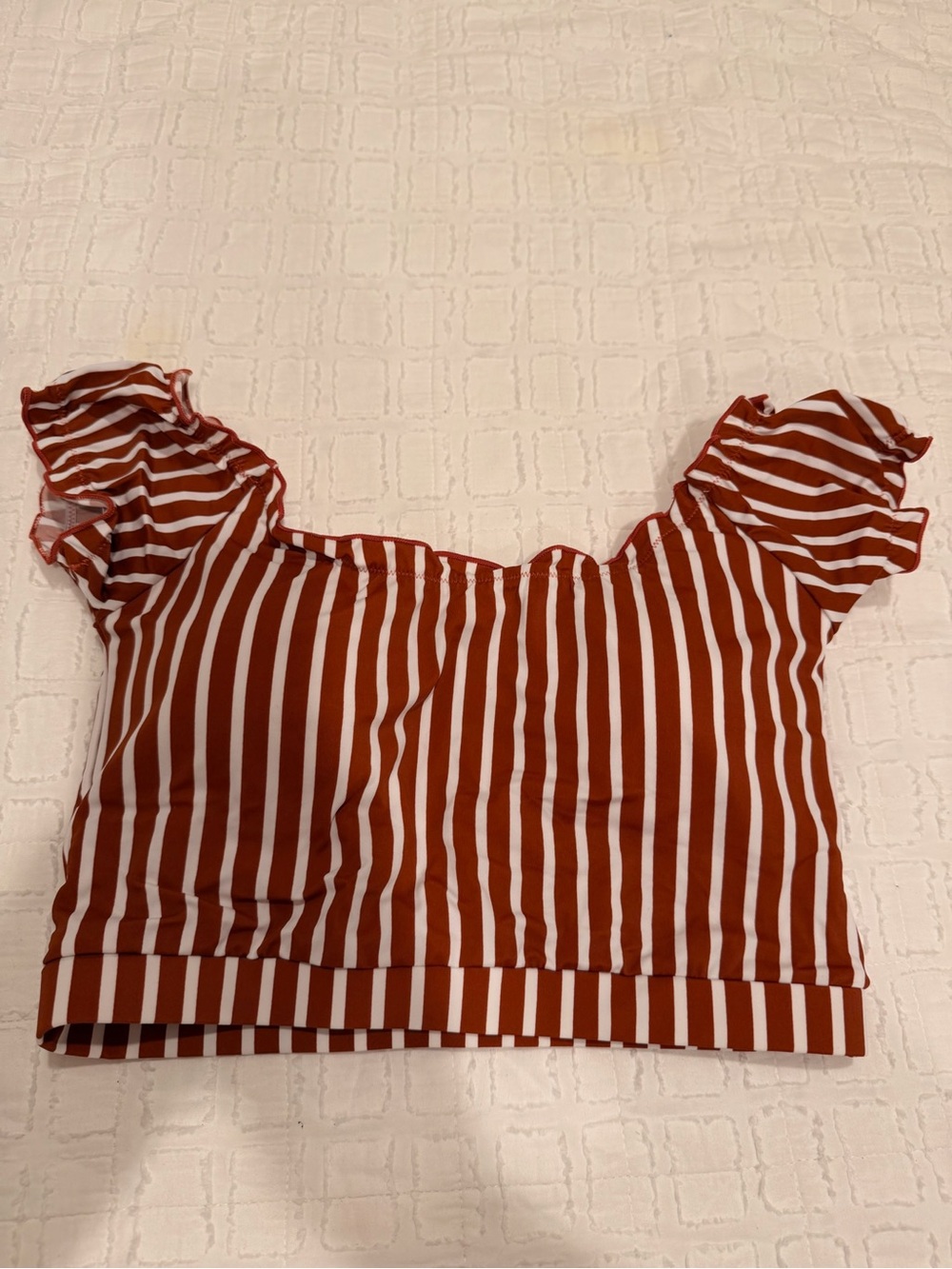 Striped Rust and White Ruffle-Sleeve Swim Crop Top